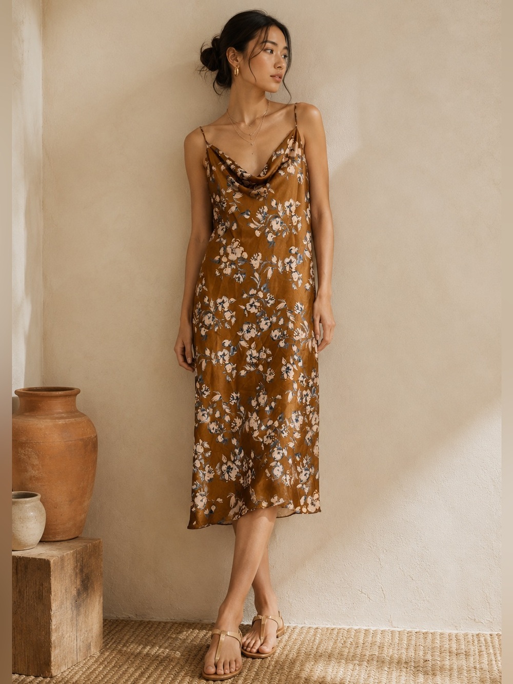 Audrey 3+1 Rust Floral Cowl Neck Slip Dress – Size L